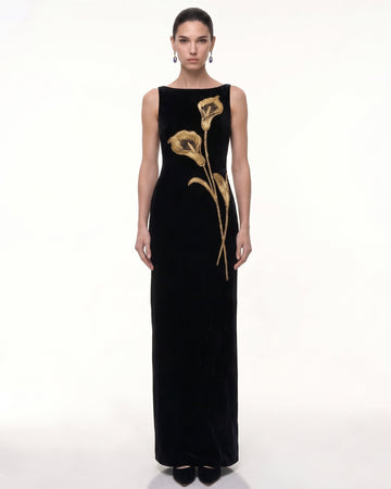 Calla Lily Embellished Velvet Column Maxi Dress - Black