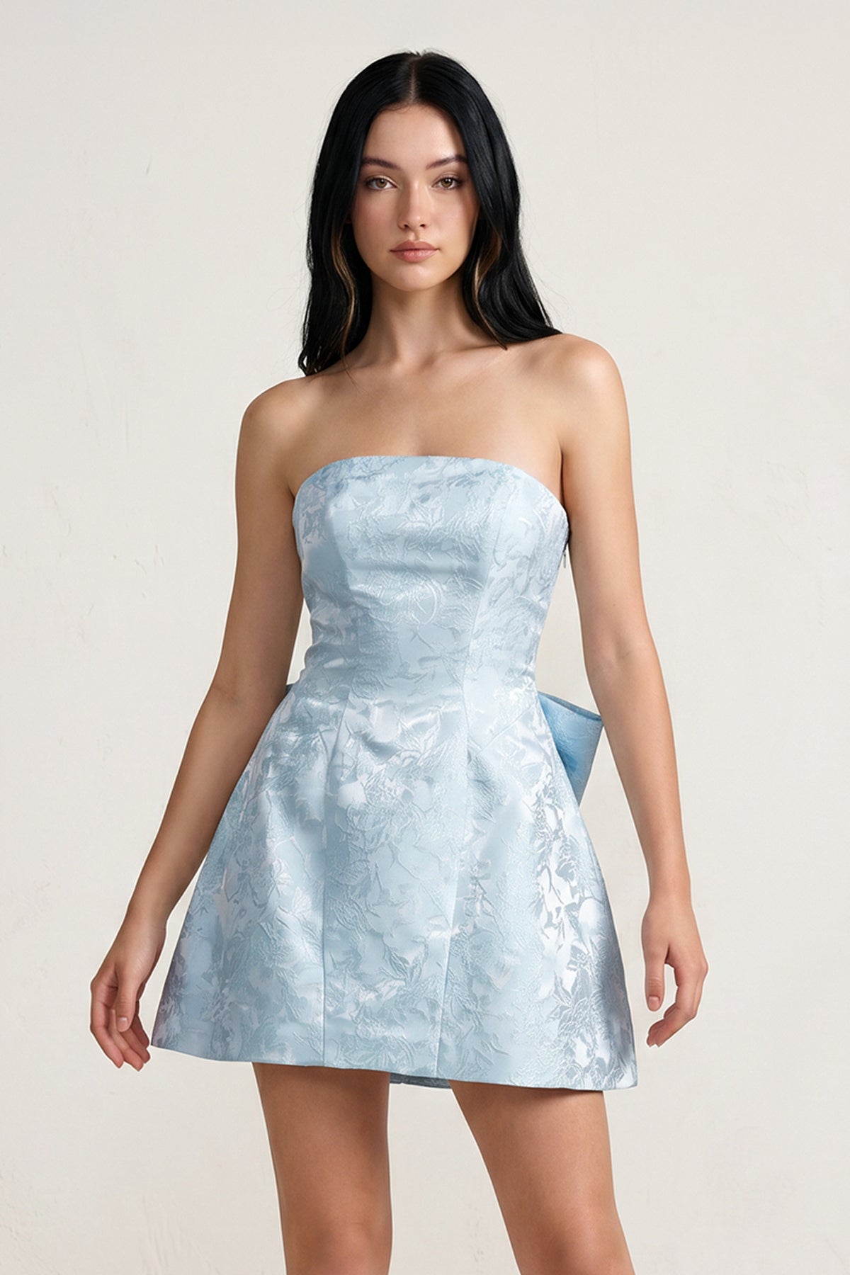 Sky Blue Strapless Jacquard A Line Homecoming Dress With Bowknot