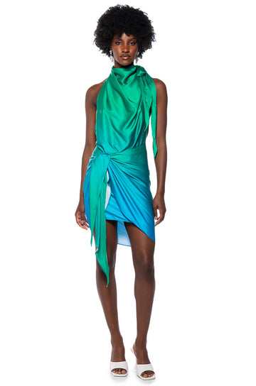 Waves Of Blue Halter Wrap Front Mini Dress