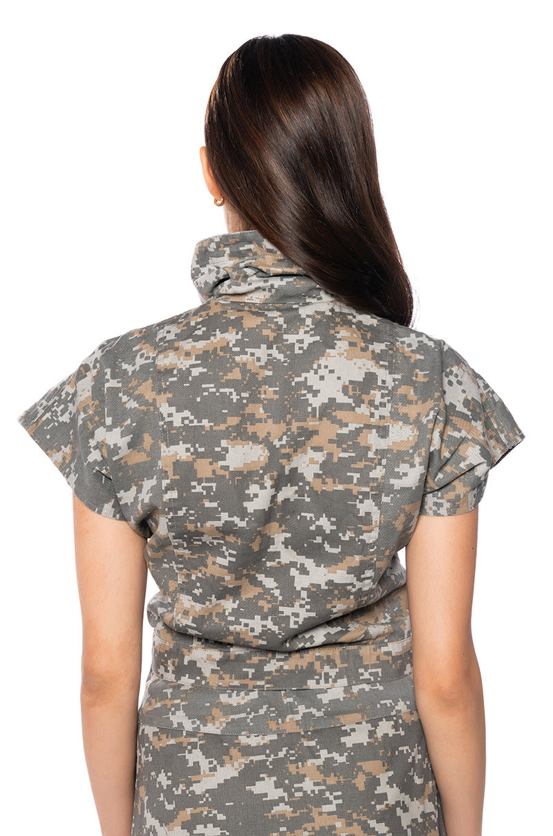 We Ride Camo Button Down And Mini Skirt Set In Grey