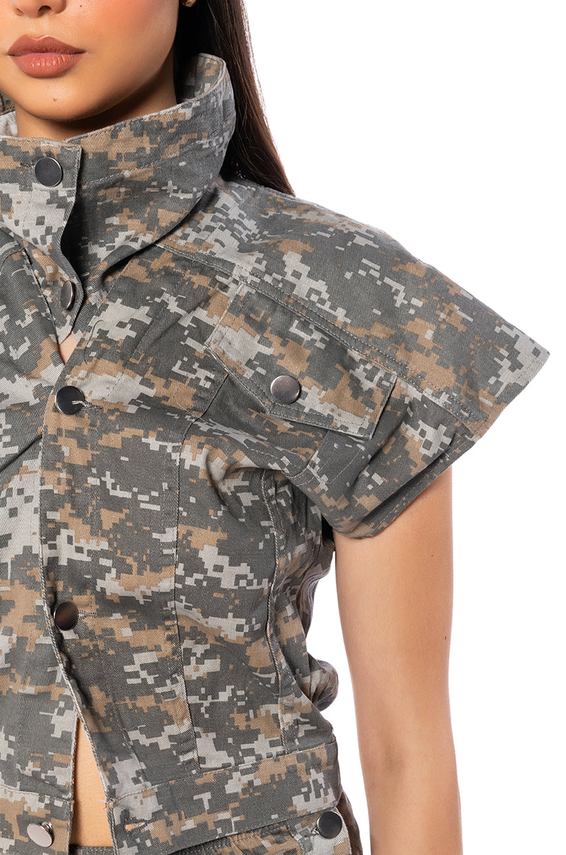 We Ride Camo Button Down And Mini Skirt Set In Grey