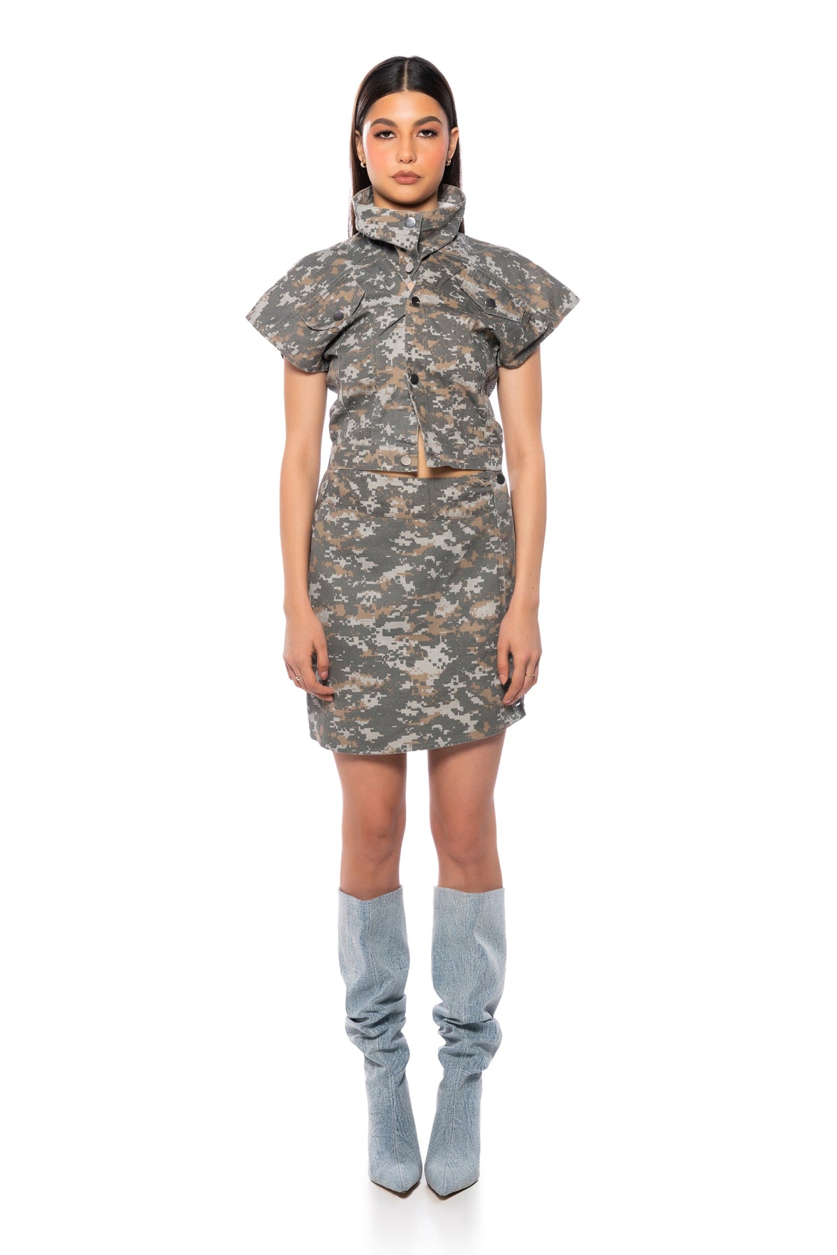 We Ride Camo Button Down And Mini Skirt Set In Grey