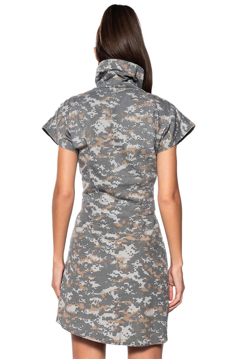 We Ride Camo Button Down And Mini Skirt Set In Grey