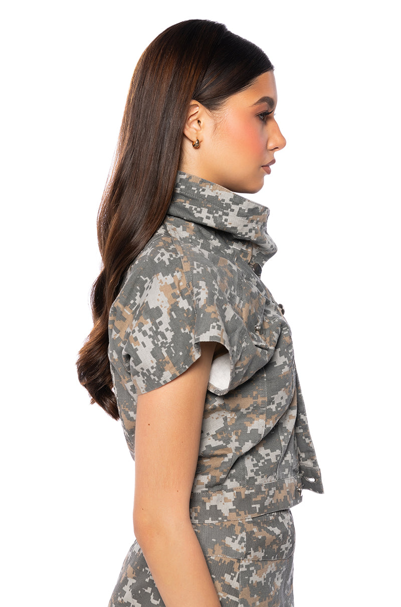We Ride Camo Button Down And Mini Skirt Set In Grey