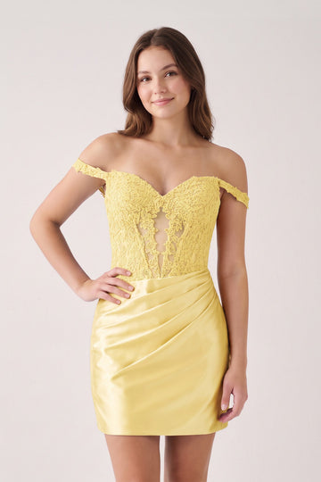 Yellow Off The Shoulder Bodycon Satin Pleated Homecoming Dresses With Appliques